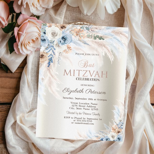 Pampas Grass Roses Ivory Bat Mitzvah  Invitation (Creator Uploaded)