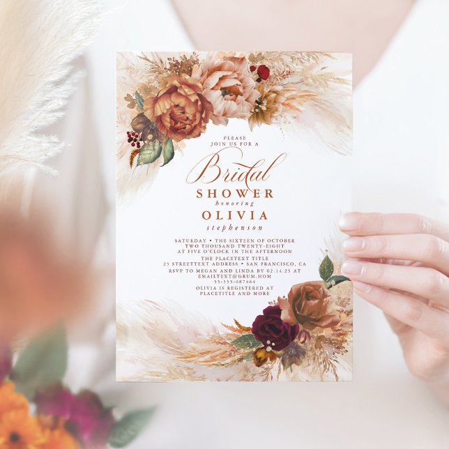 Pampas Grass Rust Terracotta Bridal Shower Invitation (Terracotta Floral Bridal Shower Invitation)