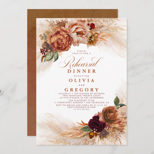 Pampas Grass Rust Terracotta Rehearsal Dinner Invitation (Front/Back)