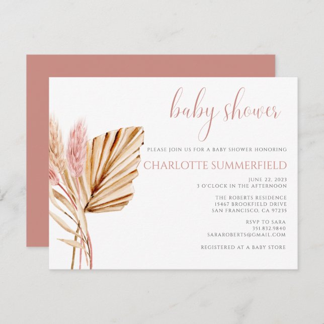 Pampas Grass Rustic Boho Floral Baby Shower Invitation (Front/Back)
