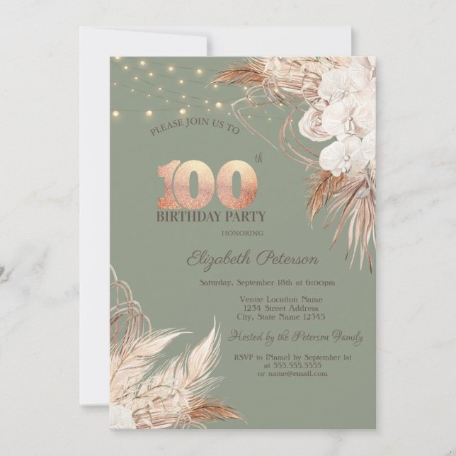 Pampas Grass Sage Green 100th Birthday Invitation (Front)