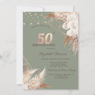 Pampas Grass Sage Green 50th Birthday Invitation