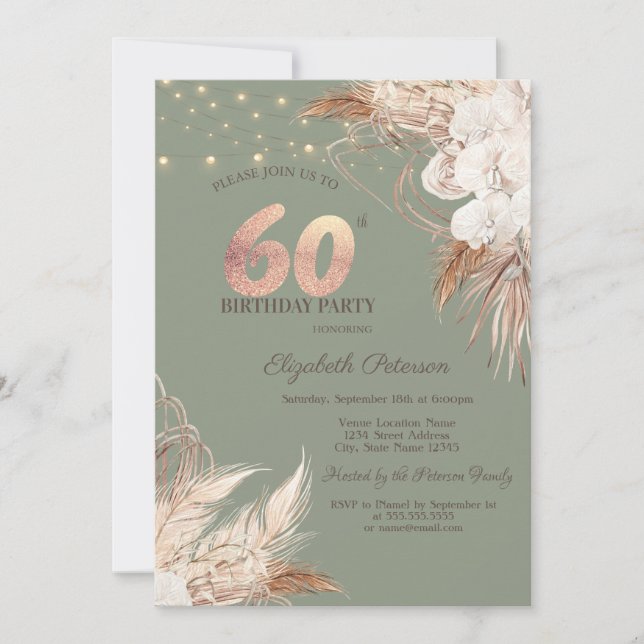Pampas Grass Sage Green 60th Birthday Invitation (Front)