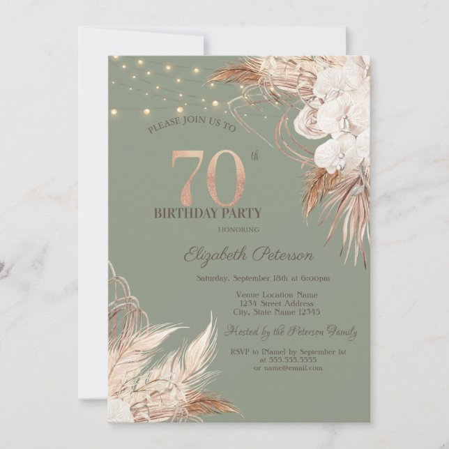 Pampas Grass Sage Green 70th Birthday Invitation (Front)