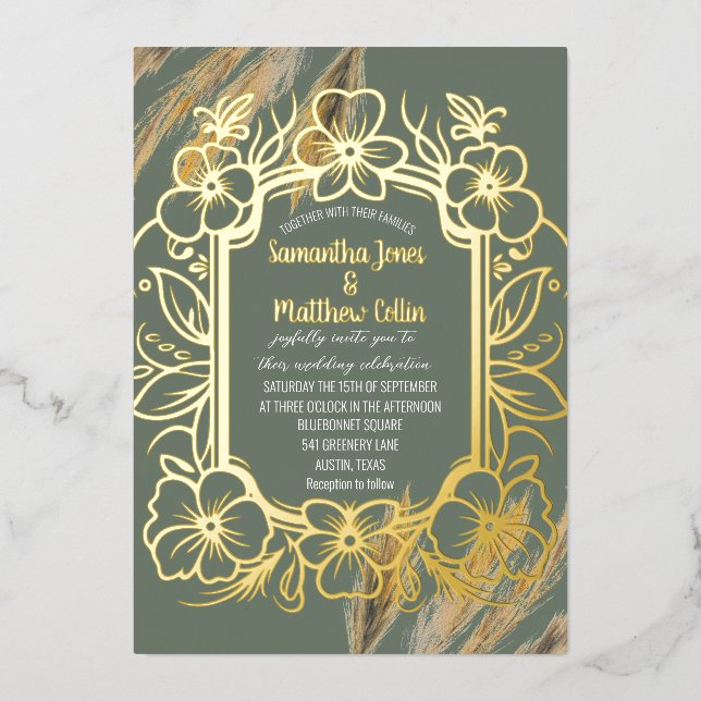 Pampas Grass Sage Green Boho Gold Foil Wedding (Front)