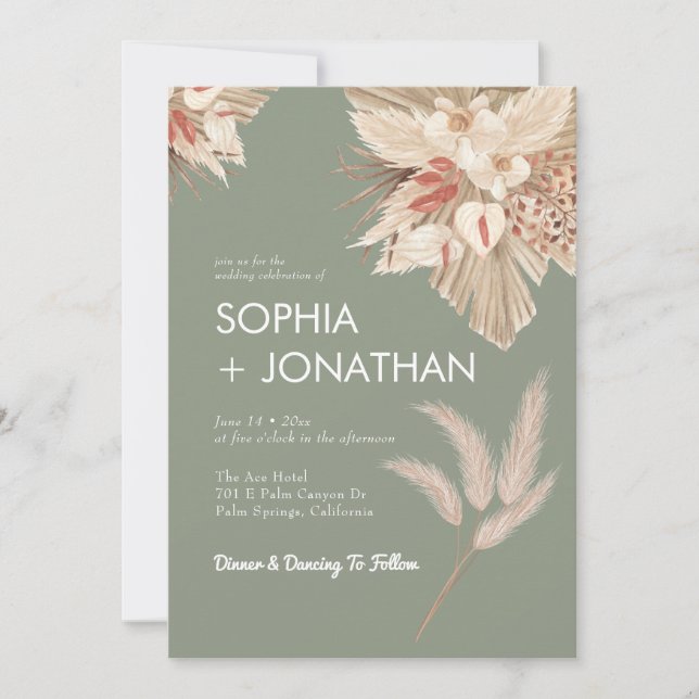 Pampas Grass Sage Green Wedding Modern Chic Invitation (Front)