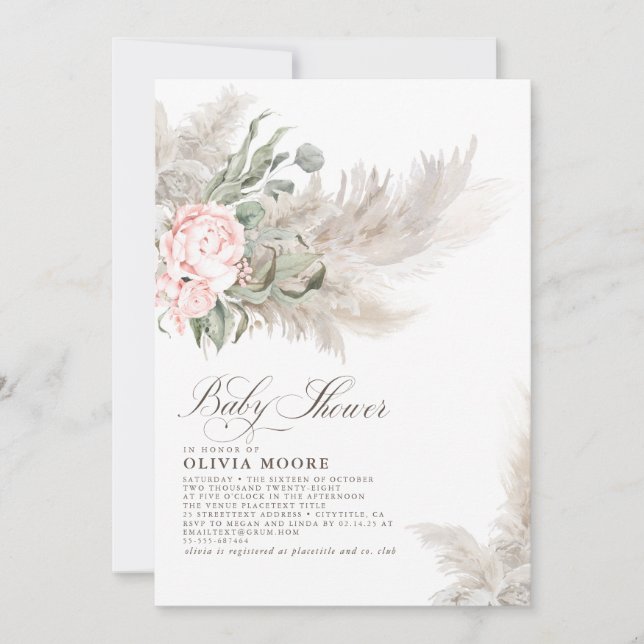 Pampas Grass Sage Greenery Floral Boho Baby Shower Invitation (Front)