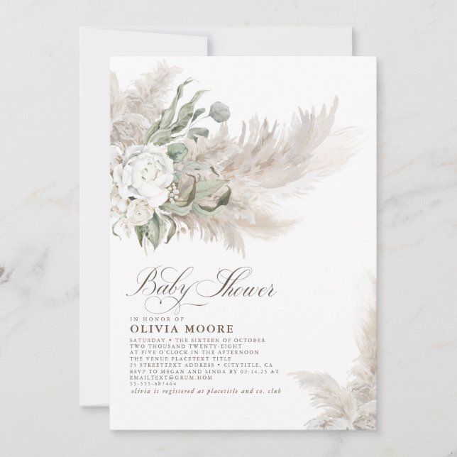Pampas Grass Sage Greenery Floral Boho Baby Shower Invitation (Front)