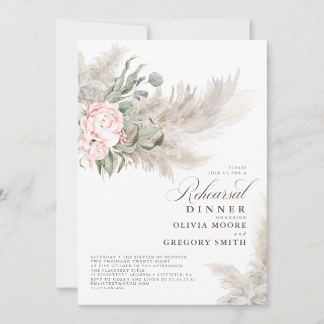 Pampas Grass Sage Greenery Floral Rehearsal Dinner Invitation (Front)