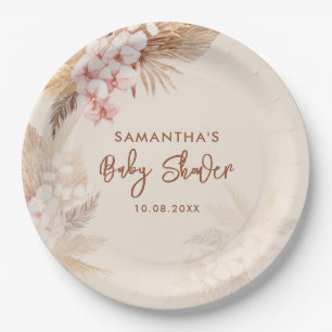 Pampas Grass Script Terracotta Baby Shower Paper Plate