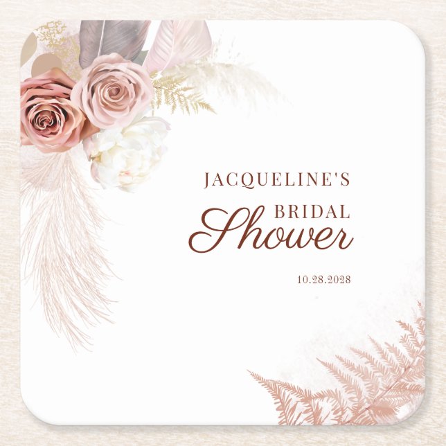 Pampas Grass Script Terracotta Tan Bridal Shower Square Paper Coaster (Front)