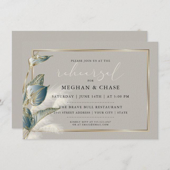 Pampas Grass Smokey Teal Anthurium Rehearsal Invitation (Front/Back)