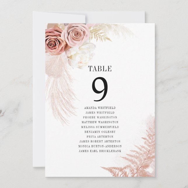 Pampas Grass Table Number Wedding Seating Plan (Front)