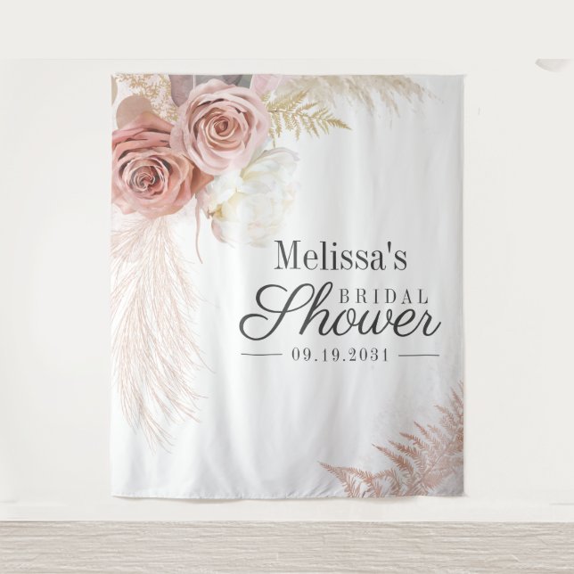Pampas Grass Tan Bridal Shower Backdrop Tapestry (Front)