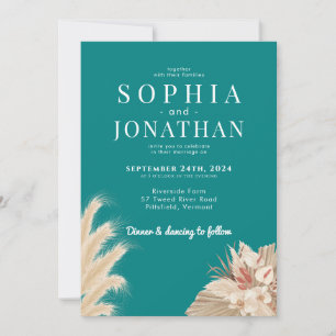 Pampas Grass Teal Green Blue Wedding Modern Chic Invitation
