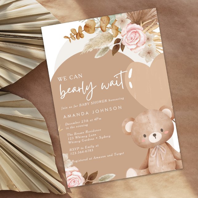 Pampas grass teddy bear gender neutral baby shower invitation (Creator Uploaded)
