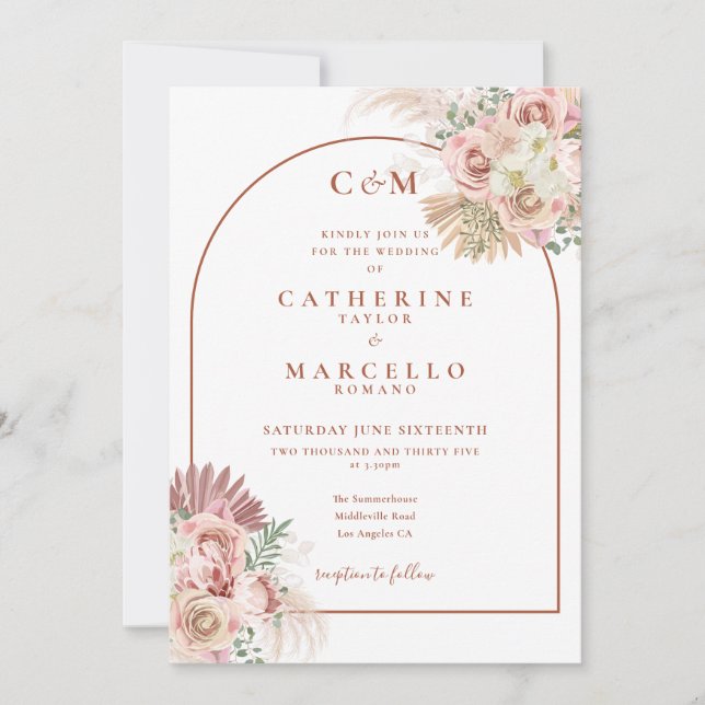Pampas Grass Terracotta Arch Monogram Wedding Invitation (Front)