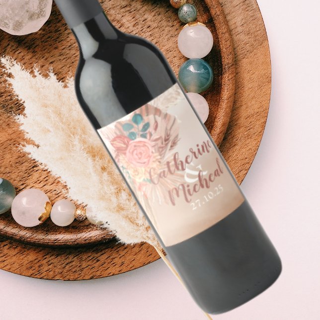 Pampas Grass Terracotta Boho Chic Wedding Favour Wine Label (Creator Uploaded)