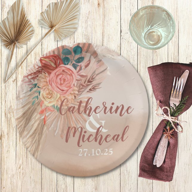 Pampas Grass Terracotta Boho Chic Wedding Party Paper Plate (Creator Uploaded)