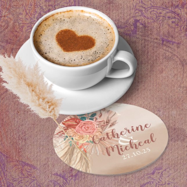 Pampas Grass Terracotta Boho Chic Wedding Party Round Paper Coaster (Creator Uploaded)