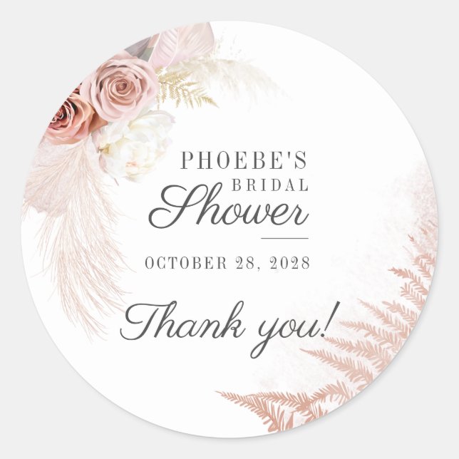 Pampas Grass Terracotta Bridal Shower Thank You Classic Round Sticker (Front)