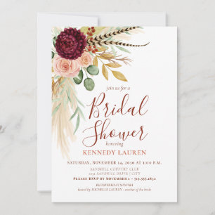 Pampas Grass Terracotta Floral Boho Bridal Shower Invitation