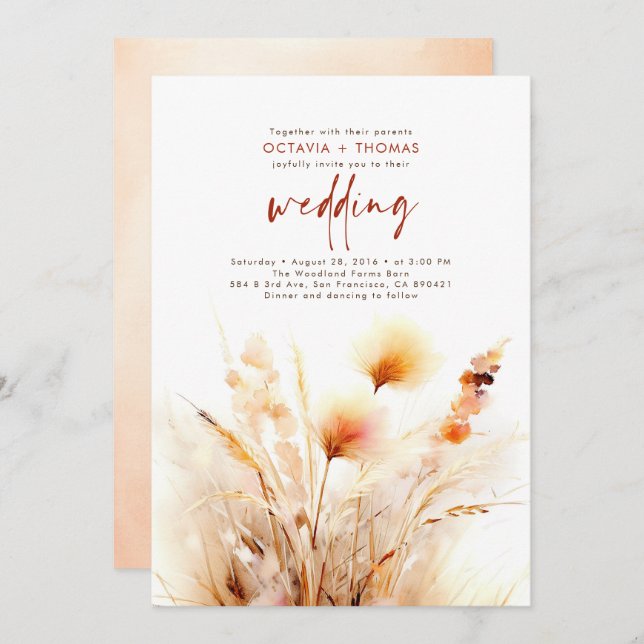 Pampas Grass Terracotta Floral Boho Fall Wedding Invitation (Front/Back)