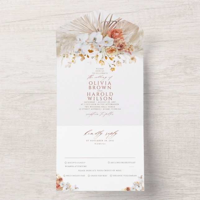 Pampas Grass Terracotta Floral Boho Wedding All In One Invitation (Inside)