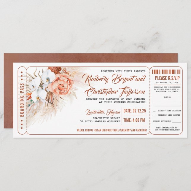 Pampas Grass Terracotta Floral Wedding Ticket Invitation (Front/Back)