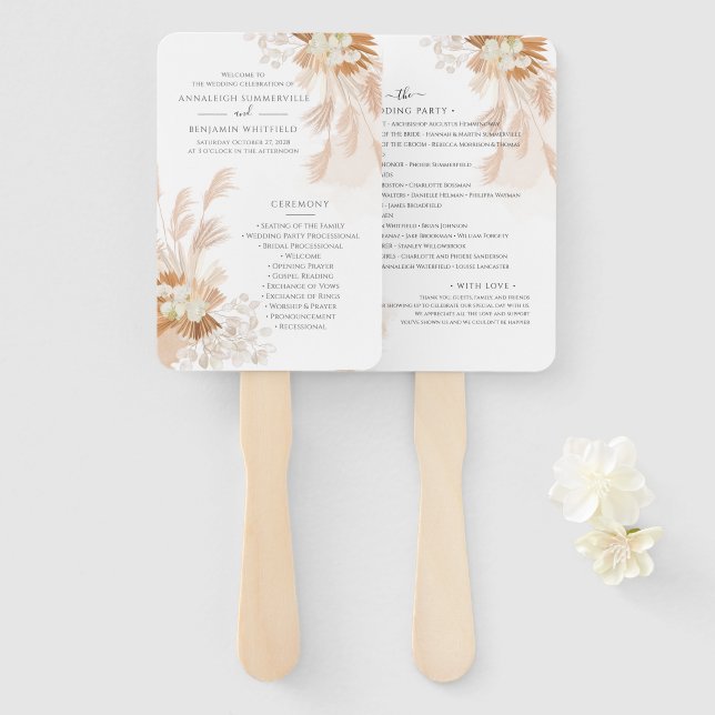 Pampas Grass Terracotta Foliage Wedding Program Hand Fan (Front and Back)