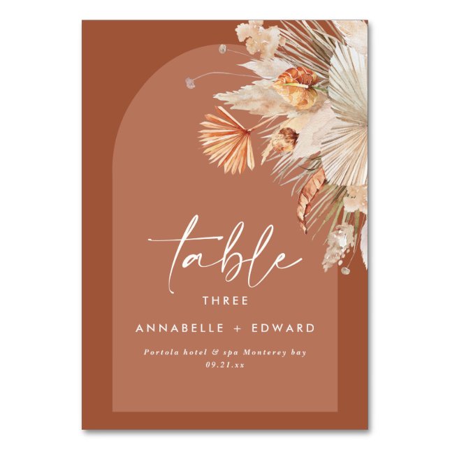 Pampas grass terracotta modern floral  table number (Front)