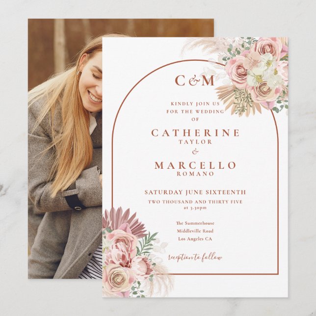Pampas Grass Terracotta Monogram Photo Wedding Invitation (Front/Back)