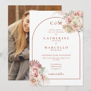 Pampas Grass Terracotta Monogram Photo Wedding Invitation