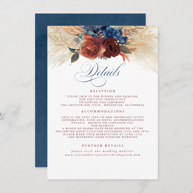 Pampas Grass Terracotta Navy Blue Wedding Details Enclosure Card (Front/Back)