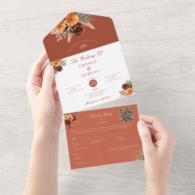 Pampas Grass Terracotta QR Code Autumn Fall Budget All In One Invitation (Tearaway)