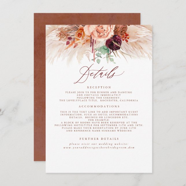 Pampas Grass Terracotta Wedding Details Enclosure  (Front/Back)