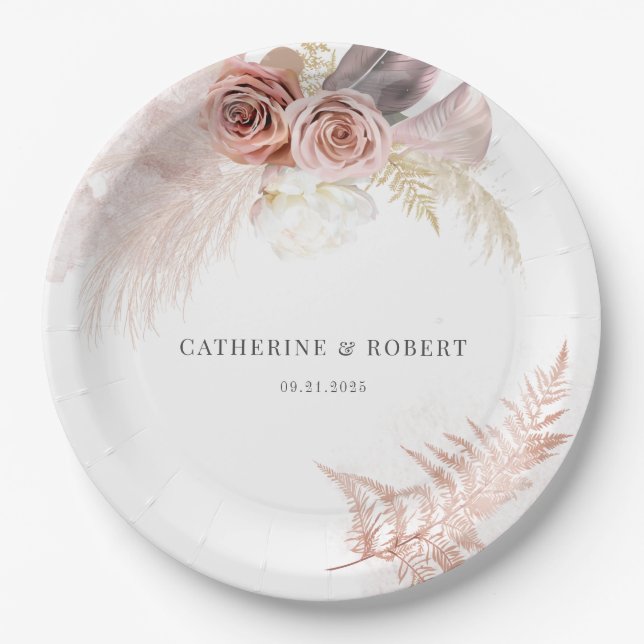 Pampas Grass Terracotta Wedding Reception Paper Plate (Front)