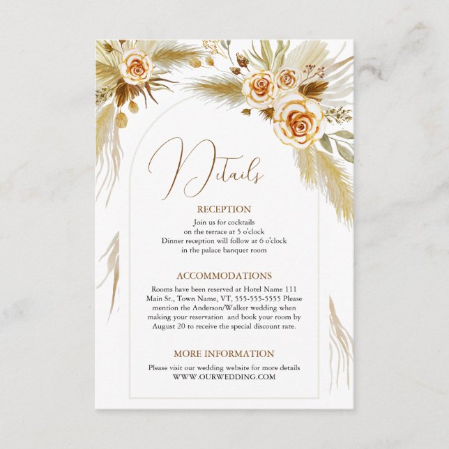 Pampas grass tropical bohemian wedding details enclosure card (Front)