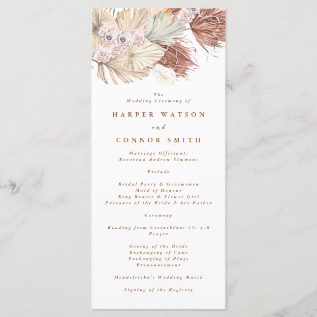 Pampas Grass Tropical Jungle Floral Wedding Programme (Front)