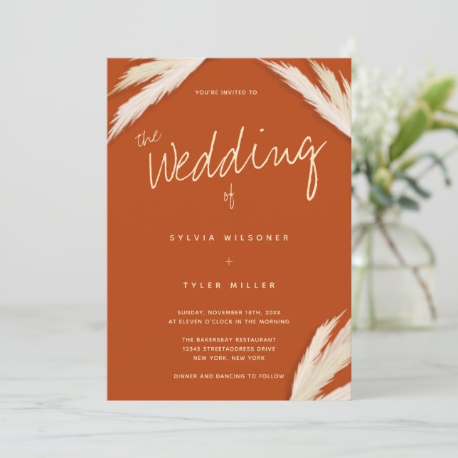 Pampas Grass Typography Burnt Orange Wedding Invitation (Standing Front)