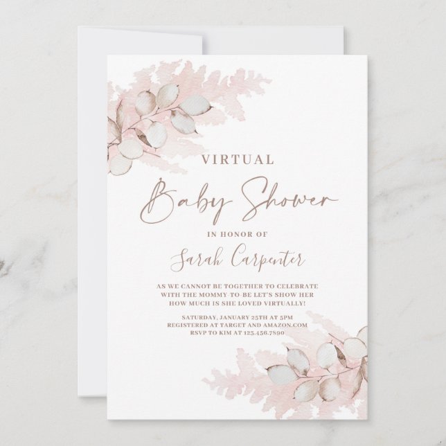 Pampas Grass Virtual Baby shower girl invitation (Front)
