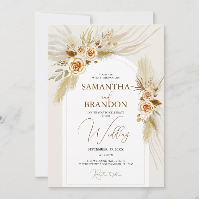 Pampas grass watercolor boho wedding invitation (Front)