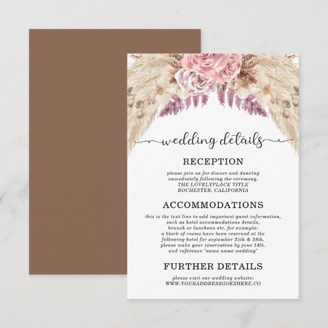 Pampas Grass Wedding Details Accommodations Invitation (Front/Back)