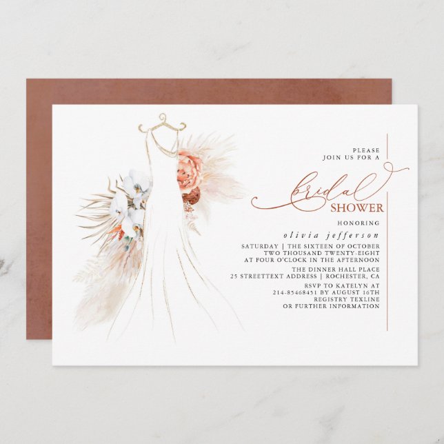Pampas Grass Wedding Gown Terracotta Bridal Shower Invitation (Front/Back)