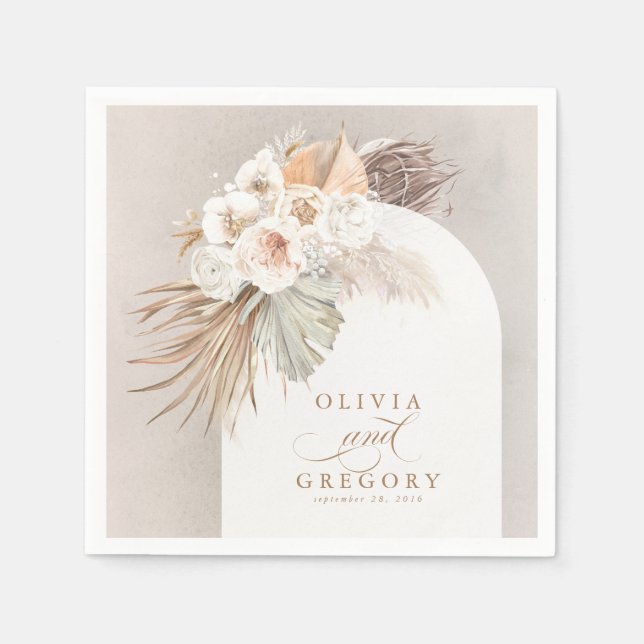 Pampas Grass White Floral Boho Wedding Napkin (Front)