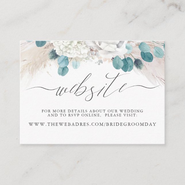 Pampas Grass White Floral Wedding Website Card (Front)