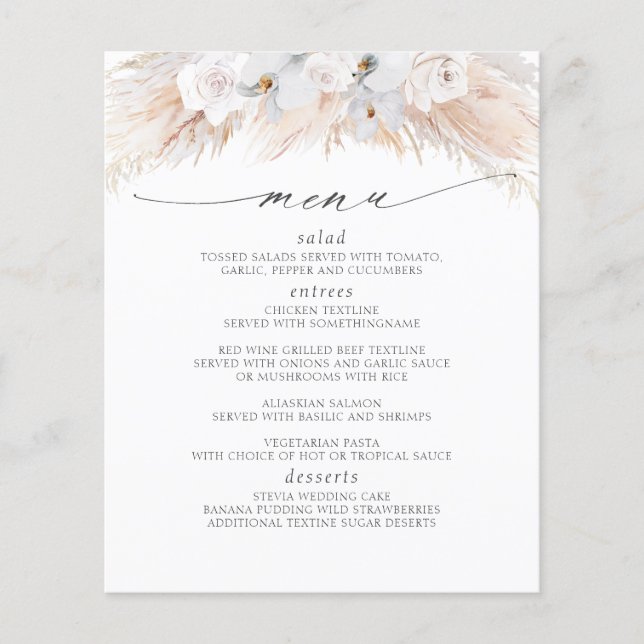 Pampas Grass White Florals Tropical Menu (Front)