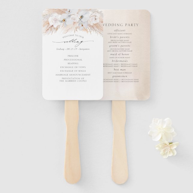 Pampas Grass White Orchids Exotic Wedding Program Hand Fan (Front and Back)
