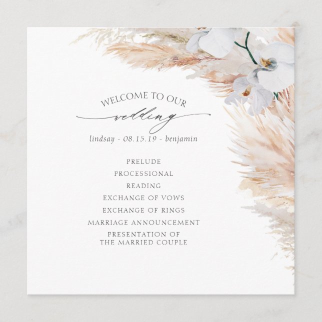 Pampas Grass White Orchids Tropical Wedding Programme (Front)