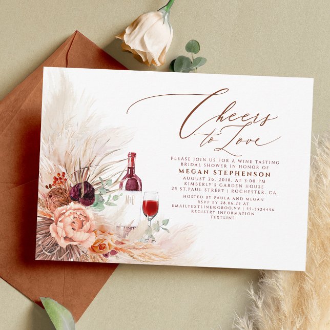 Pampas Grass Wine Tasting Terracotta Bridal Shower Invitation (Creator Uploaded)